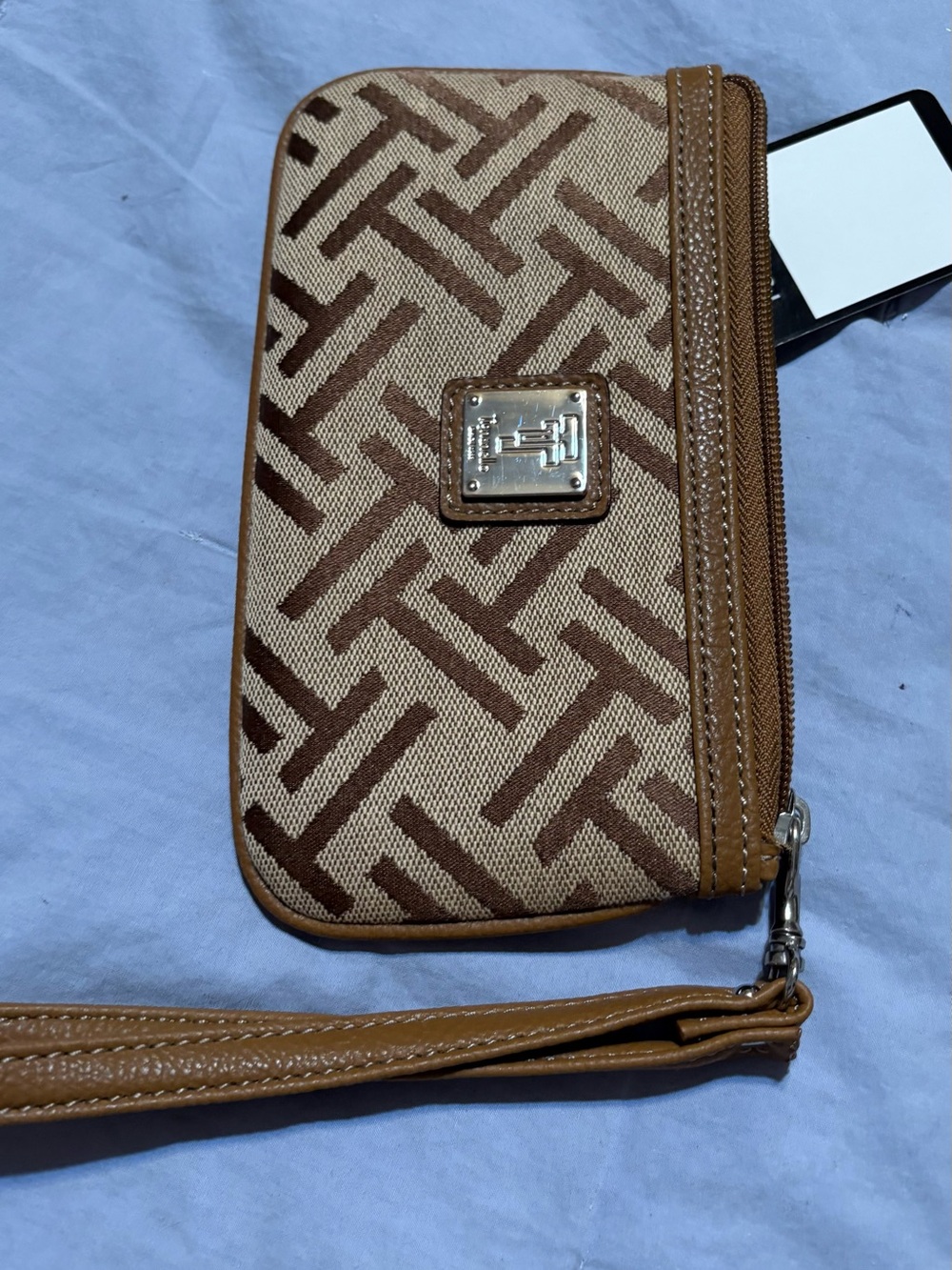Tignanello Brown and Tan Monogram Wristlet Clutch